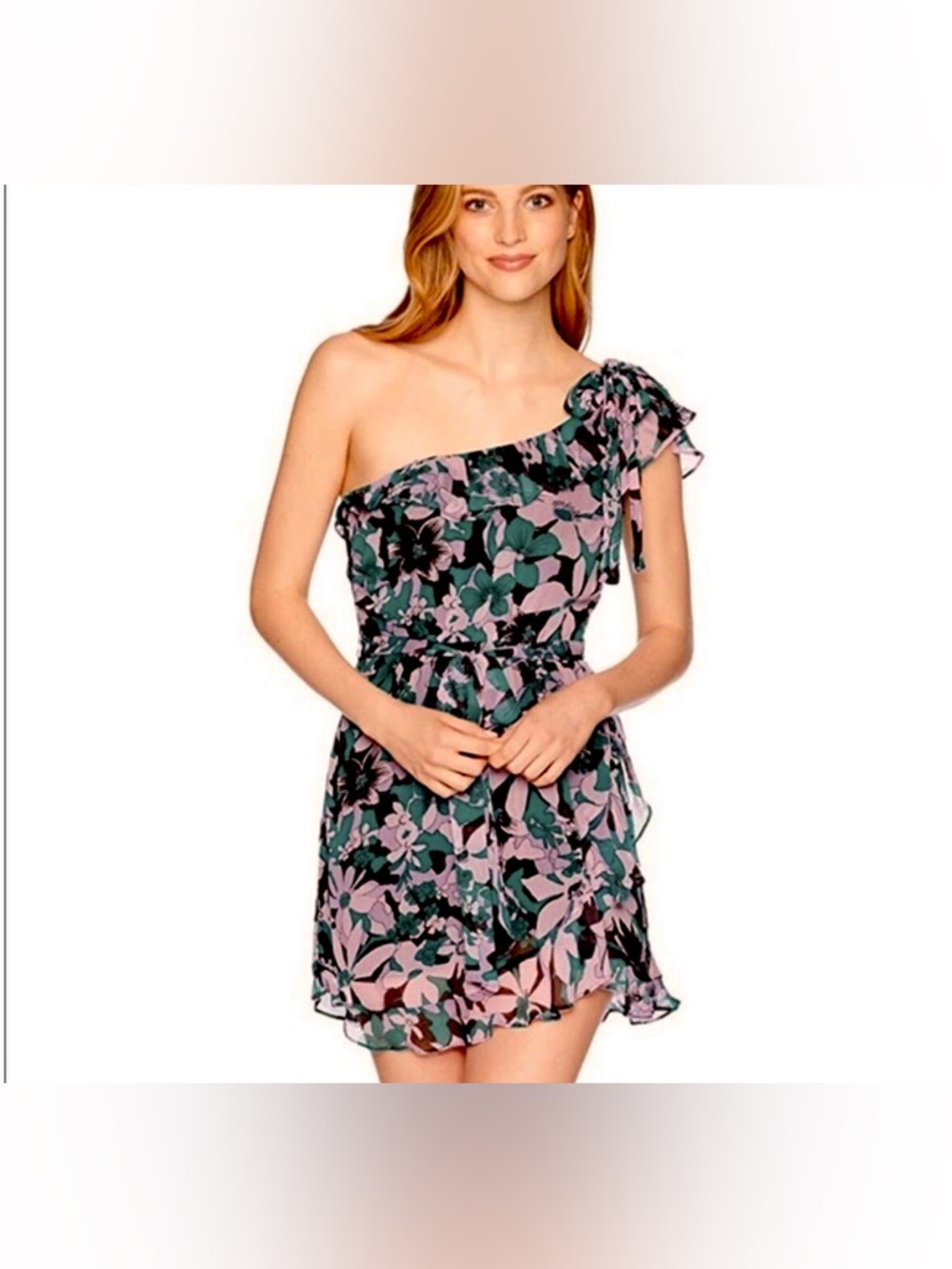 For Love & Lemons One Shoulder Floral Mini Dress XS Pink Green Y2K Coquette
